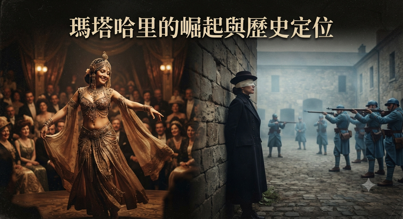 圖片左側展示了瑪塔哈里在巴黎舞台上異國風情的崛起與輝煌舞蹈。 右側則描繪了她作為傳奇間諜最終面臨歷史定位的審判與槍決場景。
