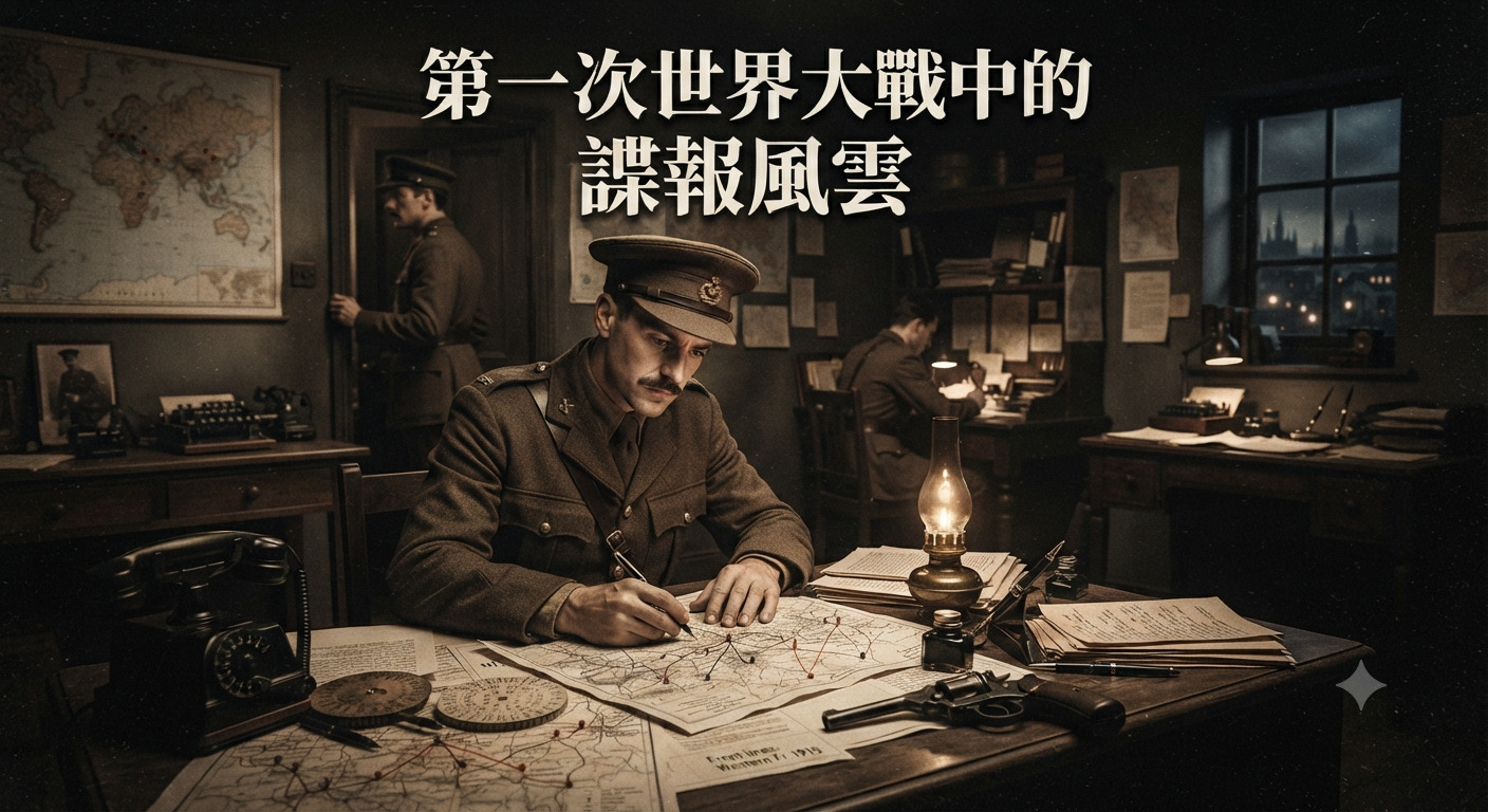 這是一張以第一次世界大戰諜報為主題的復古風情圖片。 畫面中軍官在暗 燈下審視地圖，上方醒目地印著繁體中文標題。